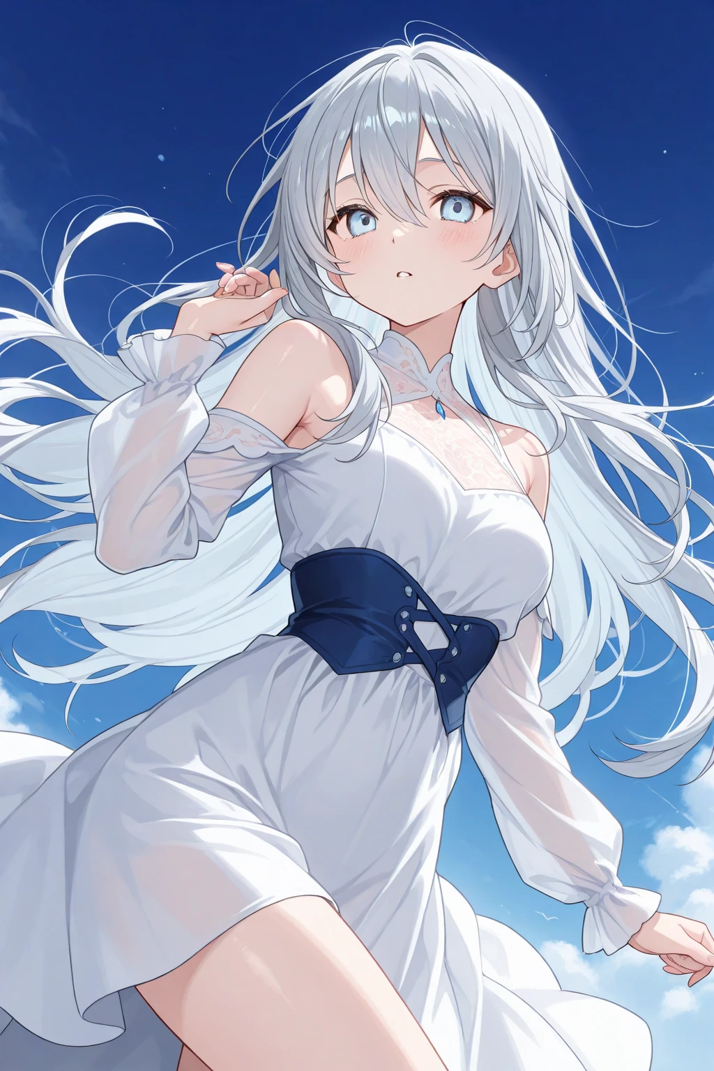 (Masterpiece), (Top Quality Anime Illustration), (Super Definition), One Girl, Solo, Beautiful Girl with Silver Hair, Anime Loli, Cat Ear Loli, Petite, Cleavage Emphasis, Side Boob, Thigh Emphasis, White Robe, Off Shoulder, Wet Sheer, Smile, South Island Sea, Water