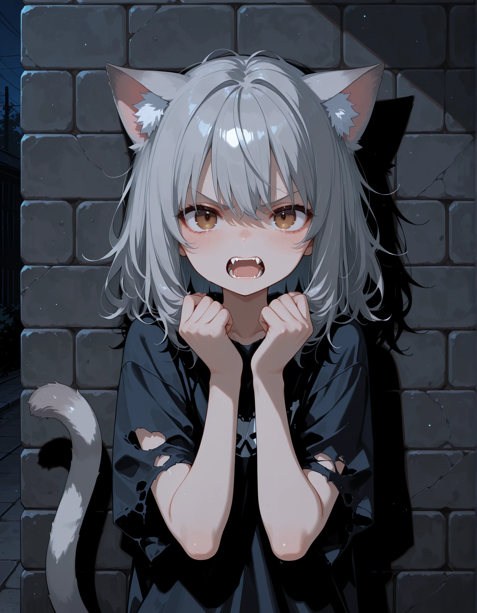 ,, 1girl, petite, (skinny and frail:0.7), cat girl, against wall, stone wall, brown eyes,looking at viewer, grey hair, medium hair, messy hair, angry, (scared:0.4), (open mouth:0.5), fangs, hands up, (tearing up:0.5), tail raised, torn clothes, straight-on, dark, night, outdoors, masterpiece,best quality, amazing quality,