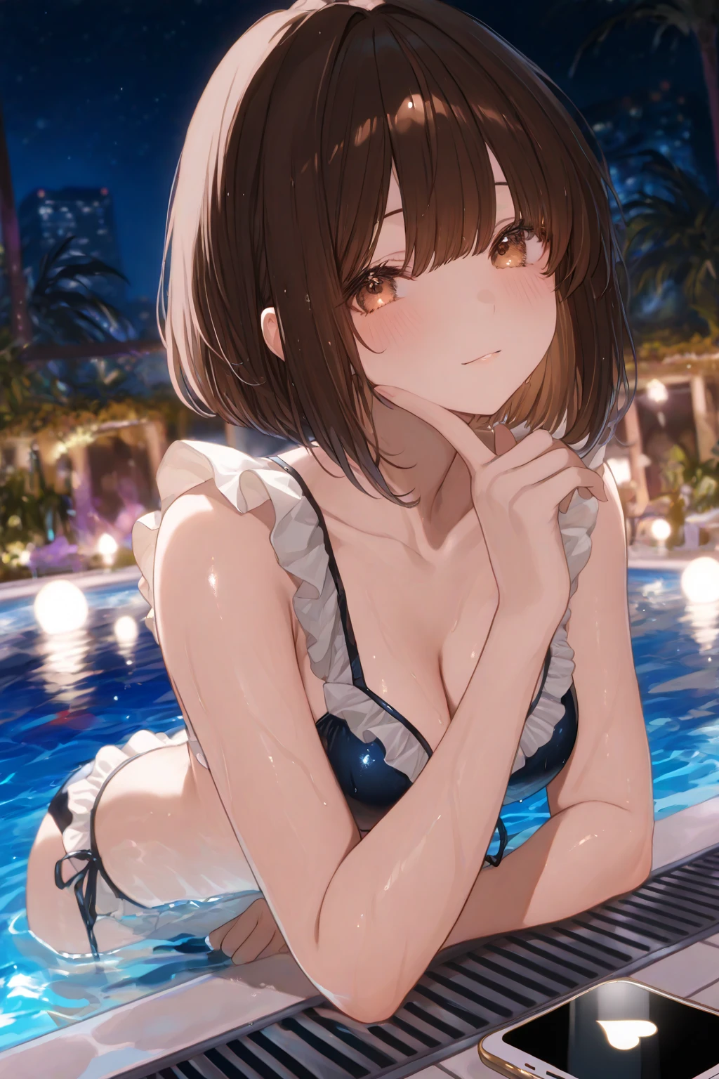 masterpiece, Highest quality, High resolution, Very detailed,(((Nishino Flower))), (((White Lingerie))), (((smile))), Beach at night