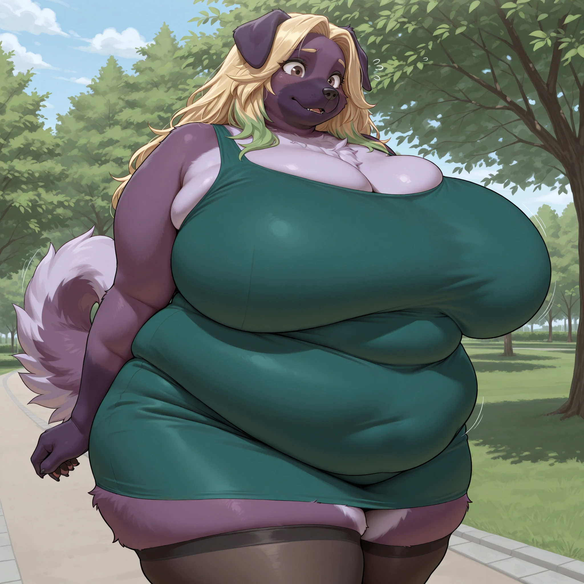1girl, solo, Anthro, furry, cat girl, purple hair, ((dark skin)), ((dark skinned female)), ((red business suit)), purple cat ears, ussbbw, insanely inflated hips, insanely inflated belly, ussbbw weight gain, obese, insanely inflated thighs, fat rolls, fat arms, fat legs, tall, long tail, midriff, mini skirt, navel, shiny skin, insanely wide thighs, cleavage, ((widest possible thighs)), ((inflated thighs:1.10))