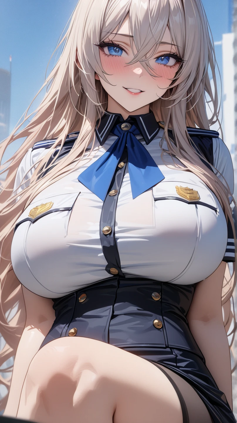 (masterpiece, best quality:1.2), intricate details, 1girl,sky striker ace raye,cityscape ,blue eyes,long Blond hair, black headdress.Dark brown tie,on the rooft of a building,raining,stars,night,narrow bust,(mature female:1.2),huge breasts:1.6,thin body,close up,