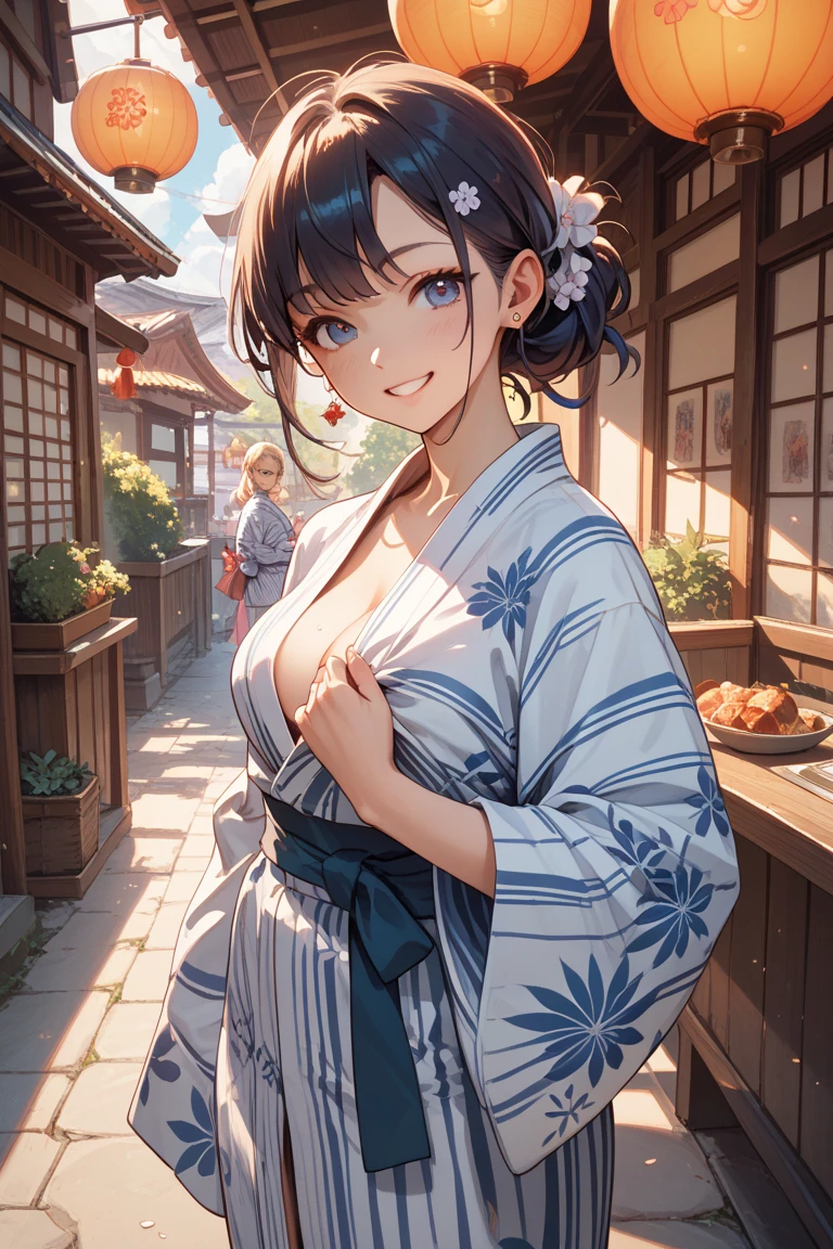 (one young girl), very cute face, wonderful face and eyes, (highly detailed eyes, highly detailed face), Fresh, very beautiful appearance, (Ultra-realistic, High resolution), (highest quality:1.4), RAW photo, (realistic, Photoreal:1.37), professional photography, (floral pattern yukata:1.5), (Open yukata), (cleavage:1.2), (bare shoulders), smile a little, (look at me), Bedroom, girl portrait,