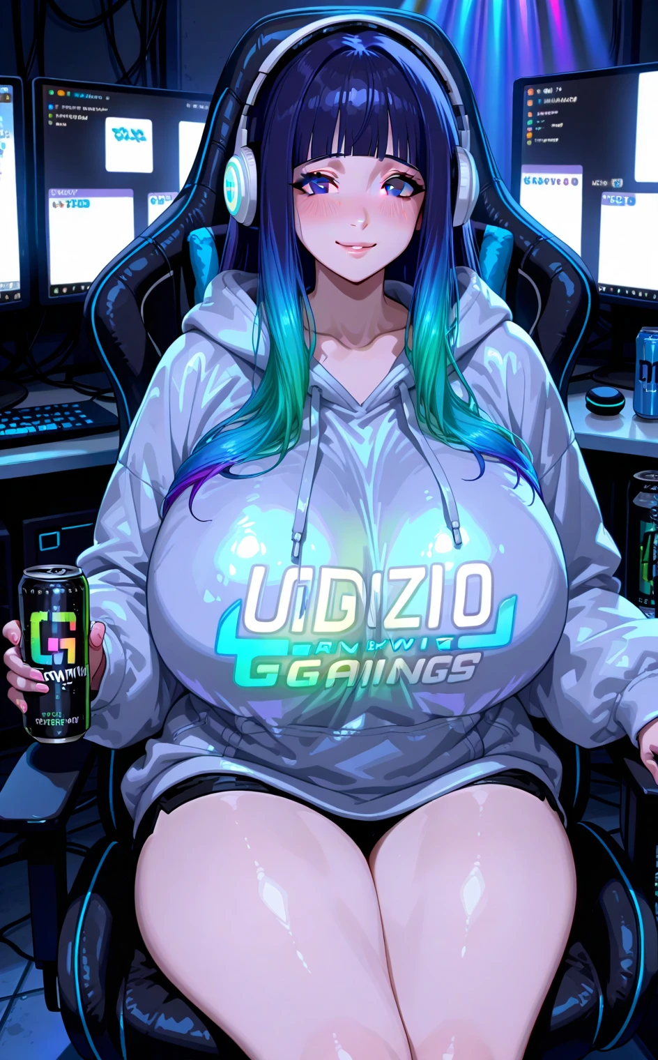 2heads, a tall thin woman with 2 heads. Inside an arcade. Wearing hoodie and short shorts. Playing games. Focused expression, concentrated. Gigantic breasts.