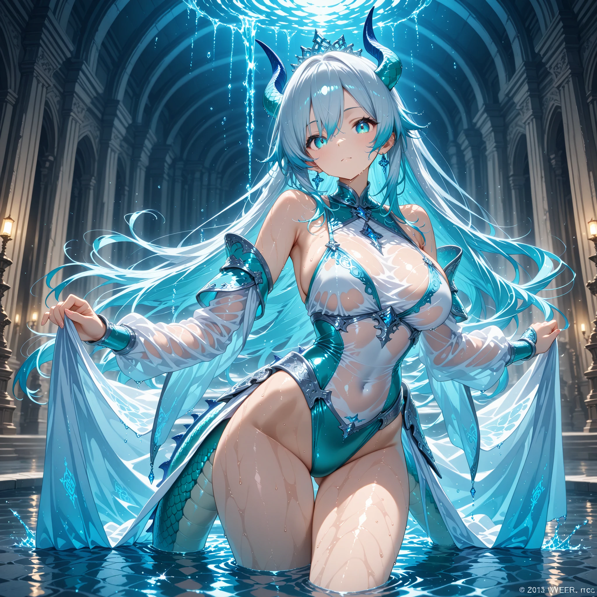 (highest quality, 8K, 32K, masterpiece, UHD: 1.3), 1 female, (Oversized: 1.3), perfect figure,, (attractive), (Sheer skin)) 、((((Transparent see-through dress))))、see-through dresses、lace sheer dress、Transparent dress、Sheer skin、Transparent dressを着た美しい裸の女性、solo、best style、big breasts、The most beautiful in the world、unparalleled beauty、long hair、 ((Roman baths)),、Blue lighting. concept art stunning atmosphere, blue atmosphere, beautiful concept art, Dark majestic gorgeous waterside、(blue water辺、blue water)、blue fountain、blue pottery、Blue Wall、Blue floor、blue reflection、blue window、get wet in blue water、Blue light、blue flower、Blue roses、blue lantern、Expressive、sexy pose、sexy design、pink nipples
