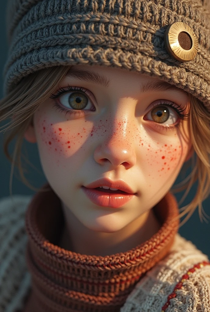Little girl standing with an aura around, mountain, wearing a brown white coat and cap, 5 years old, ethyl anime, red hair, realistic,8k, unreal engine 5, wind particles, 3D, (extremely complex), close-up, cinematic light, ultra high resolution, best shadow --auto --s2