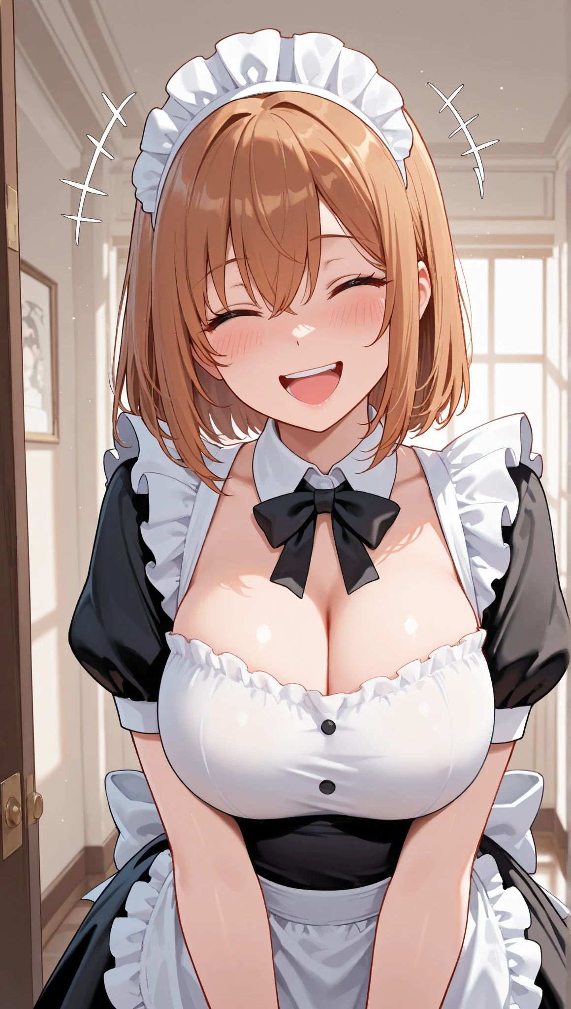 score_9, score_8_up, score_7_up, source_anime BREAK anisrnd, ahoge, short hair, brown hair, mansion, room, big breasts, looking down, open mouth, smile, maid