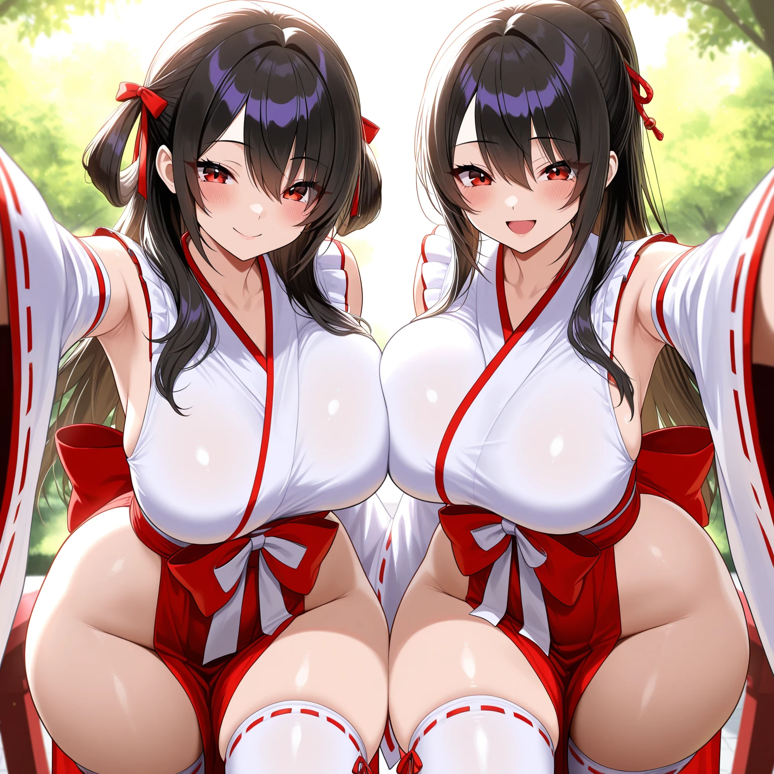 (((two girls))),((Perfect body,))((Super beautiful,))((High quality,)), (sweaty,) (wet all over,) blush,saliva, steam,((A shrine maiden in red and white Japanese clothes, long black hair, Yellow eyes, hair ornaments, on a futon, in a Japanese room at night,blunt bangs)),collar,pov, Looking at Viewer,gigantic breast,lie on japanese futon, exposing thighs, thigh-high socks, tabi,pussy,Smile,japanese ogre horn,Pleated skirts are so short that their crotch is exposed, and she lifts the skirt with her fingers to show off her crotch,((Two beautiful girls lying on a futon and seducing me)),nipple,open mouth,Spreading the vagina hole with fingers