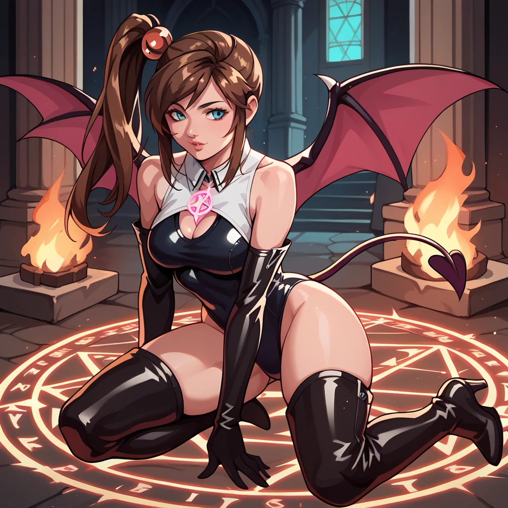 woman, brown hair, hazel eyes, in devil outfit, very sexy, shaggy hairy legs, hairy pussy