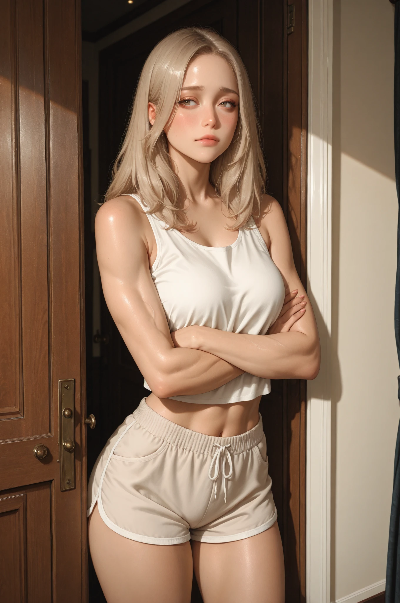 Buff blonde woman, flexing, in white tank-top, and white high cut panties, realistic 3D game model, intricate details