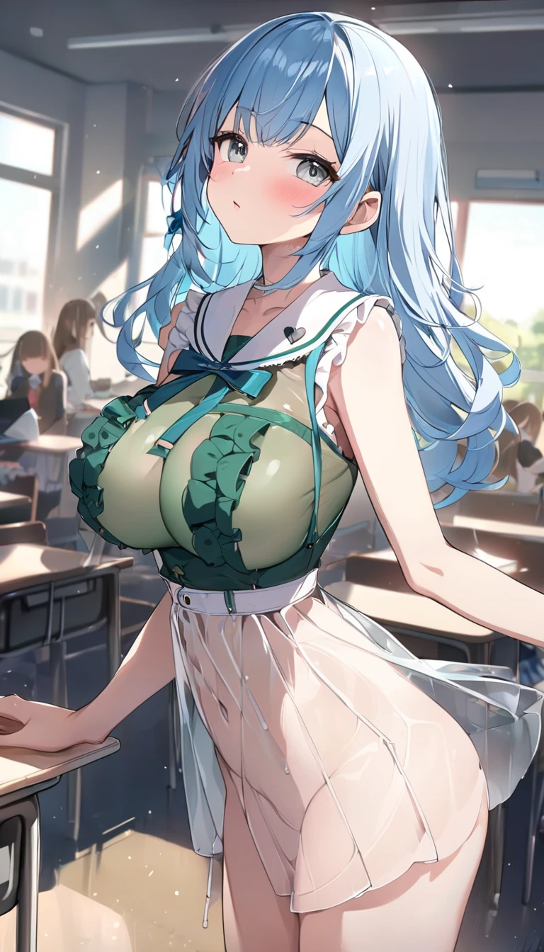 masterpiece, best quality,ultra-detailed, illustration,extremely detailed CG unity 8k,(1girl:1.35), (((crowd and onlookers))),(skimpy:1.45),Gorgeous embroidery, apron, nurse_uniform, frills, (capelet), groin, side_slit, (white gloves) ,girl with (fair skin:1.11) and (large breasts:1.5),(gigantic breasts:1.35),plump,CHUBBY, (wide hips:1.2),(thick thighs:1.22),wet,oiled,wet skin,(skindentation:0.3),jewelry,bracelet,brown belt,cyan hair,(hime_cut), ,long hair, steam,short_sleeves, juliet_sleeves,  flower hair ornament,oppai_((loli)), sweat, chain,  hairclip ,bowtie, shiny skin, FOG, (onlookers in the background),park with lots of people, Clouds,embarassed,SMILE,(CLOSED_EYES:1.5), (bags),stylish pose,++++++++++,tassels,SIDE, (cum on breasts:1.3), (love juice:1.3), cum in mouth,cum in nose,excessive_cum