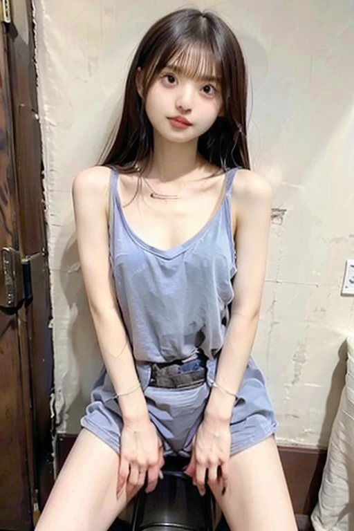 (Top image quality, 8K, ​masterpiece), top-quality, 超A high resolution,Japan Girl, 18year old、On a modern bed、Sit in a loose camisole and spread your legs、 kawaii faces, Melancholy look, double eyelid、middlebreasts、poneyTail、Room with blue furniture、Movie Lighting, Photorealsitic, real looking skin, nffsw, 35 mm, Shot with Leica,