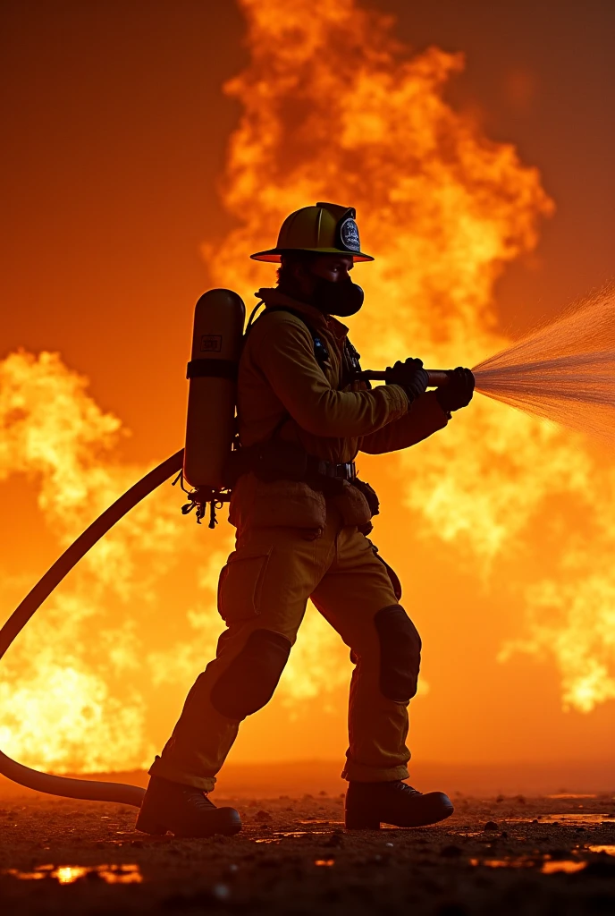 "Vividly describe a night scene of a firefighter in fire uniform, rescuing a victim and holding him in his arms in the midst of a fire, Where the flames illuminate the darkness of the night."