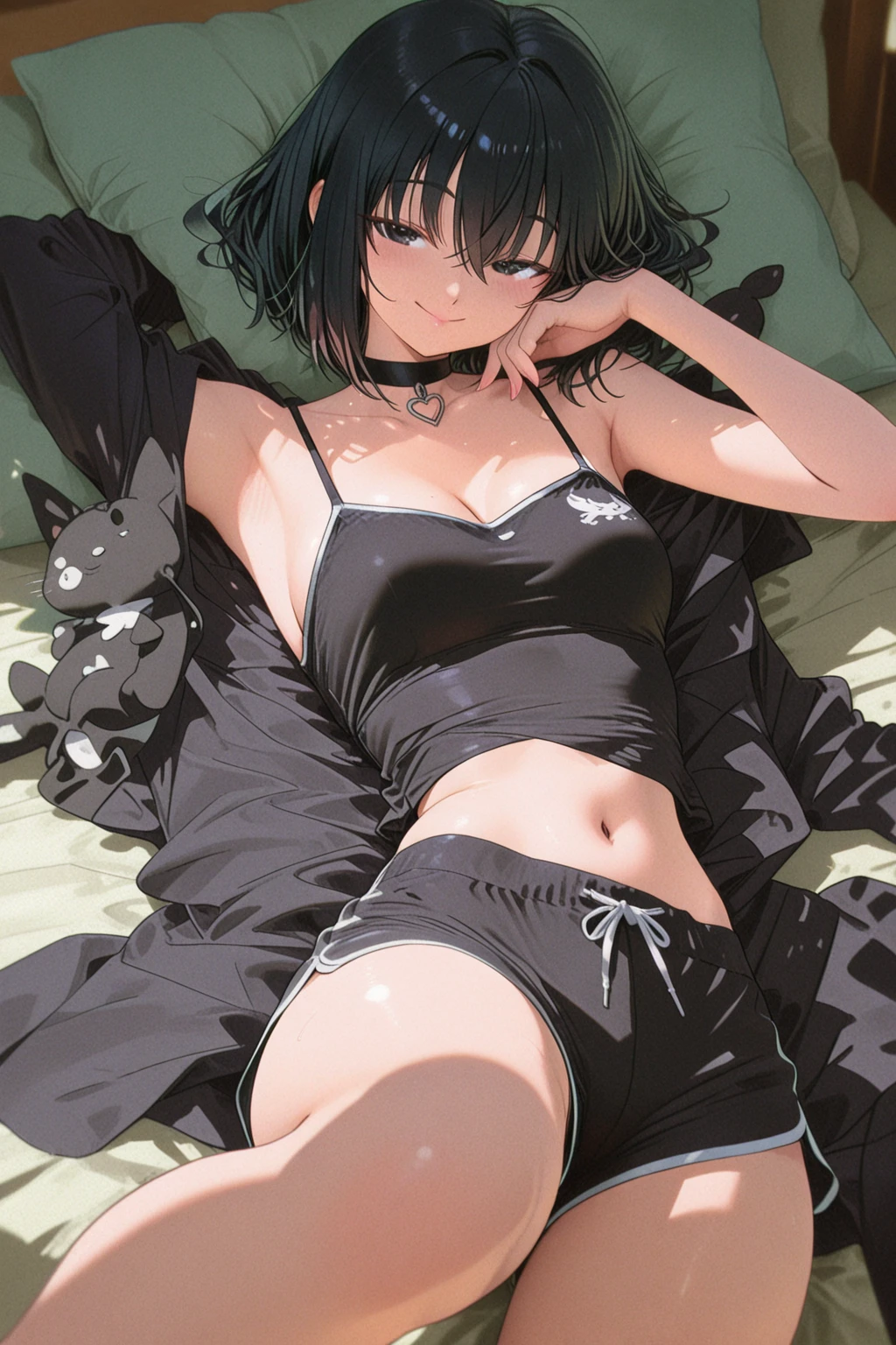 Half black cat girl, short hair, sleeps, wears black underwear, very cute, medium-sized breasts, skinny, sleeps in a bikini on the rooftop, drooling.