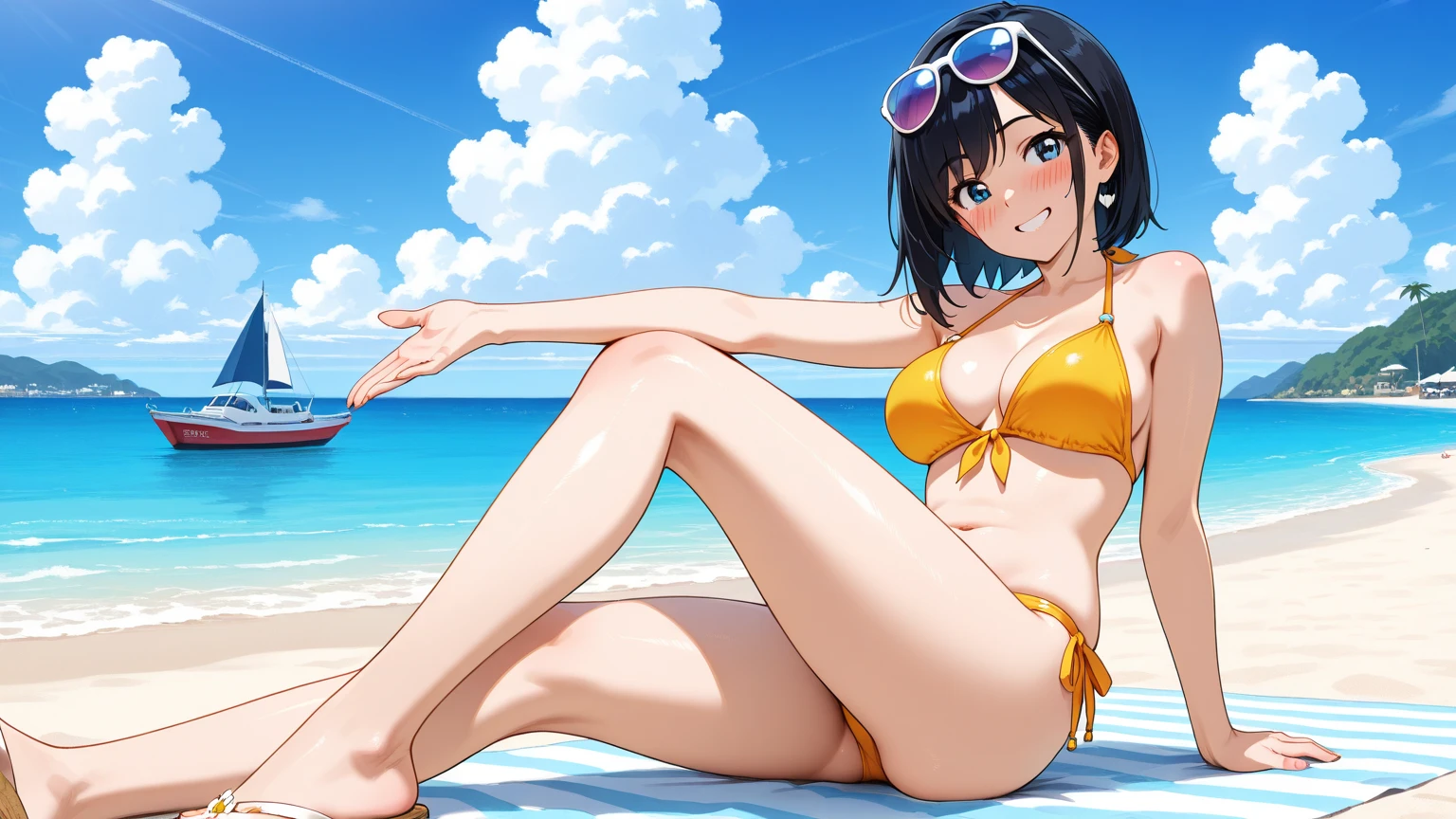 Tabletop, highest quality, (Realistic:1.4),,1 Japanese female,Mature Woman, 47 years old,Wrinkles around the eyeouth wrinkles、魅惑的なsmile、Naughty look、Heavy breathing,Full Body Shot, smile,(Beautiful sea_Snow-white sandy beach:1.2)、Beautiful blue sky,No clothes,Completely naked,Sit down and open your legs wide,(Leg spread:1.5),Don&#39;Don&#39;t hide your cat,