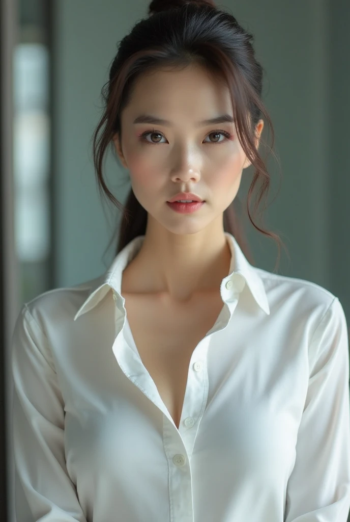 Large buttoned shirt,Tight shirt,Clear shirt,chest,,side,Tight Skirt,office,company,shirt,Alluring face,chestを強調,腕を上げてsideを開いている,A revealing shirt,office背景,
companyの風景,