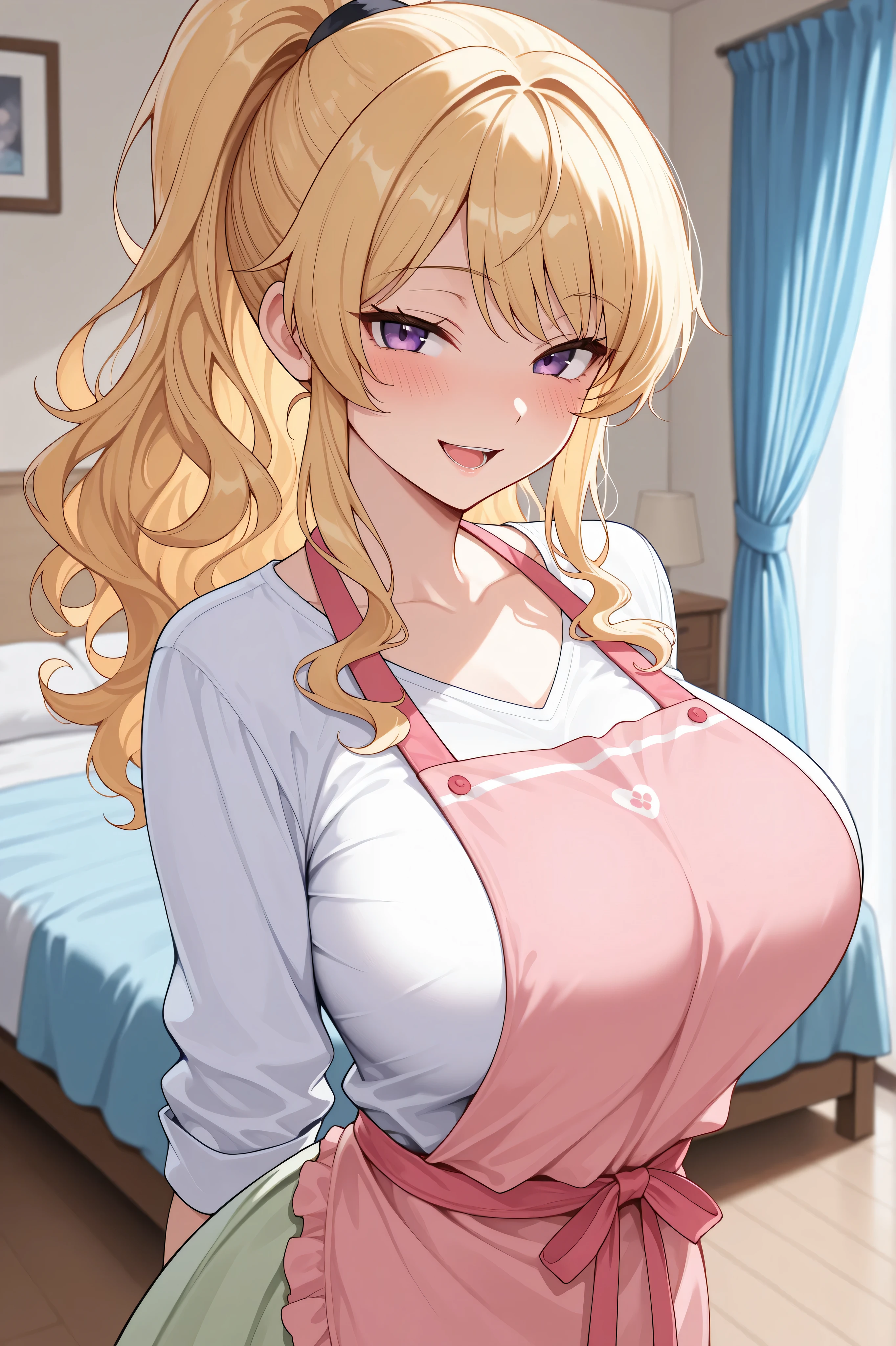 {{{masterpiece}}}, {{{best quality}}}, {{ultra-detailed}}, 1girl, (detailed skin texture), youthful face
, 1girl, yadatoka, blonde hair, high ponytail, side lock, wavy hair, purple eyes, large breast, beautiful breast, white dresses shirt, pink apron, light green skirt, looking at viewer, standing, straight posture, blush, seductive smile, open mouth, living room, bed, blue curtains, upper body,(from the same level)