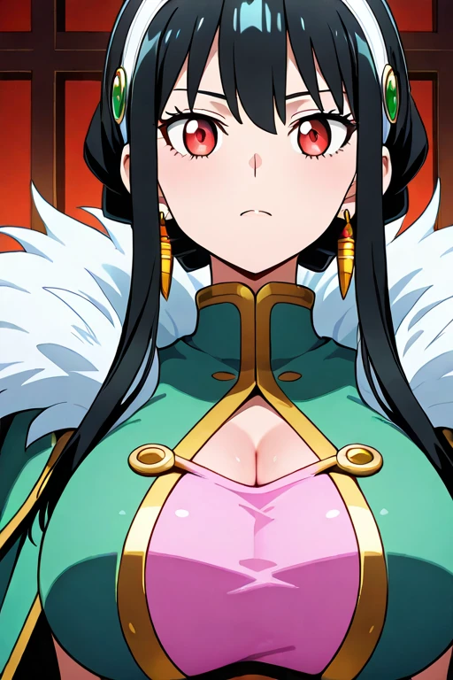 masterpiece, best quality, anime art style, tio, long black hair, gold eyes,pointy ears, (huge breasts), Japanese kimono, full body