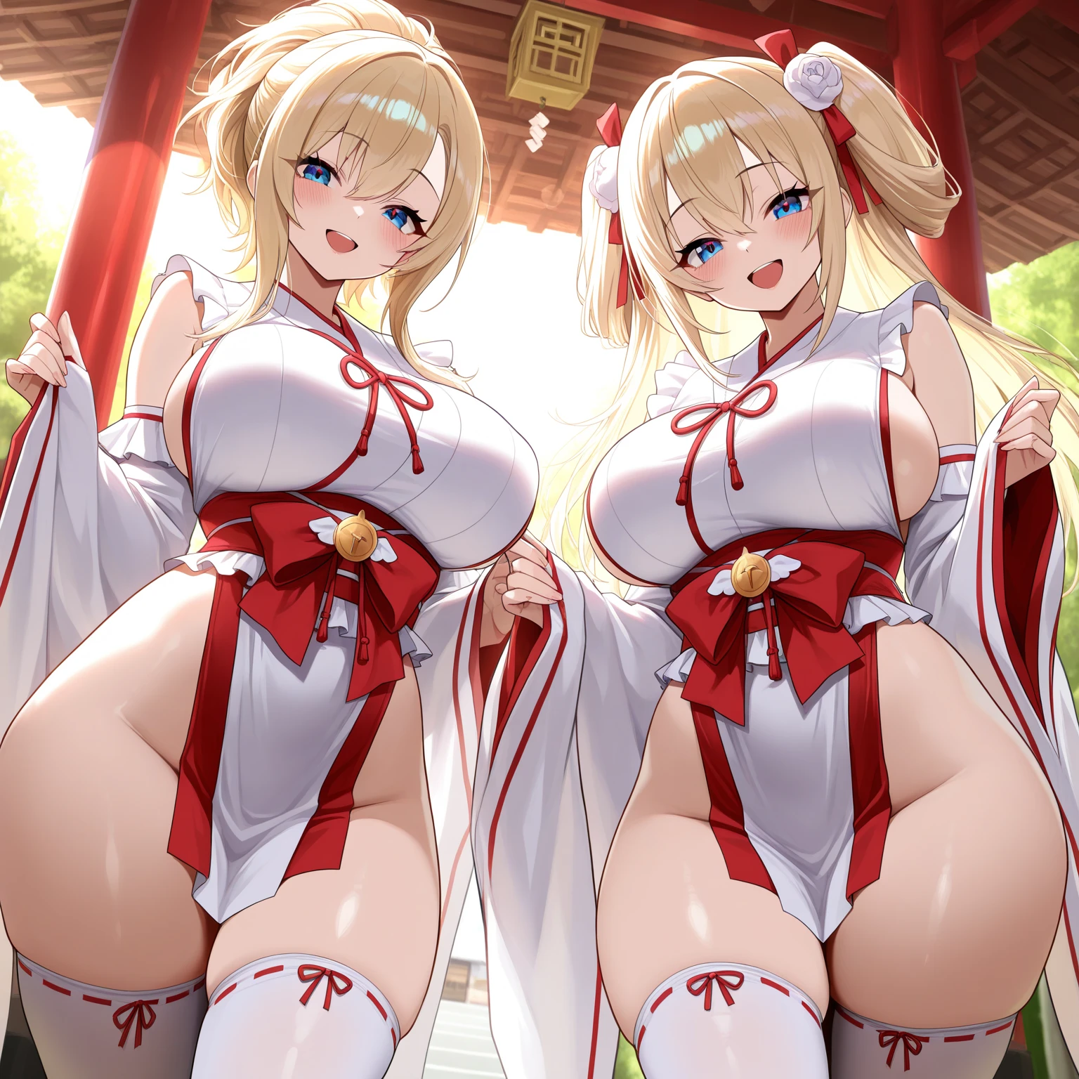 masterpiece, Highest quality, Miko costume ,yellow fox girl,Yellow Eyes,{Dark Skin} ,Huge breasts ,Glowing Skin,Embarrassing,Open your mouth,blonde,Long Hair,,Outdoor,Covered, Are standing, Japanese Shrines