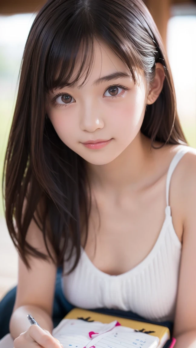 masterpiece, highest quality, 8k, 20th Generation, Large Breasts, cute, alone, sad, cute, Girlish, Delicate girl, Pure beauty, RAW Photos, Professional photography, Portraiture, Soft Light, Professional Lighting, Backlight, Upper Body, avert your eyes, Sophisticated, Film Grain, (Eyes and facial details:1.0), Short floating hair, Beautiful, flowing hair, bangs, (One piece swimsuit(Vibrant pastel colors))、(Large Breasts:1.0)、You can see a little cleavage、Nipple protrusion、Dolly Makeup、Translucent white skin、White Breasts、Odd Eye、The colour of the left and right eyes are different