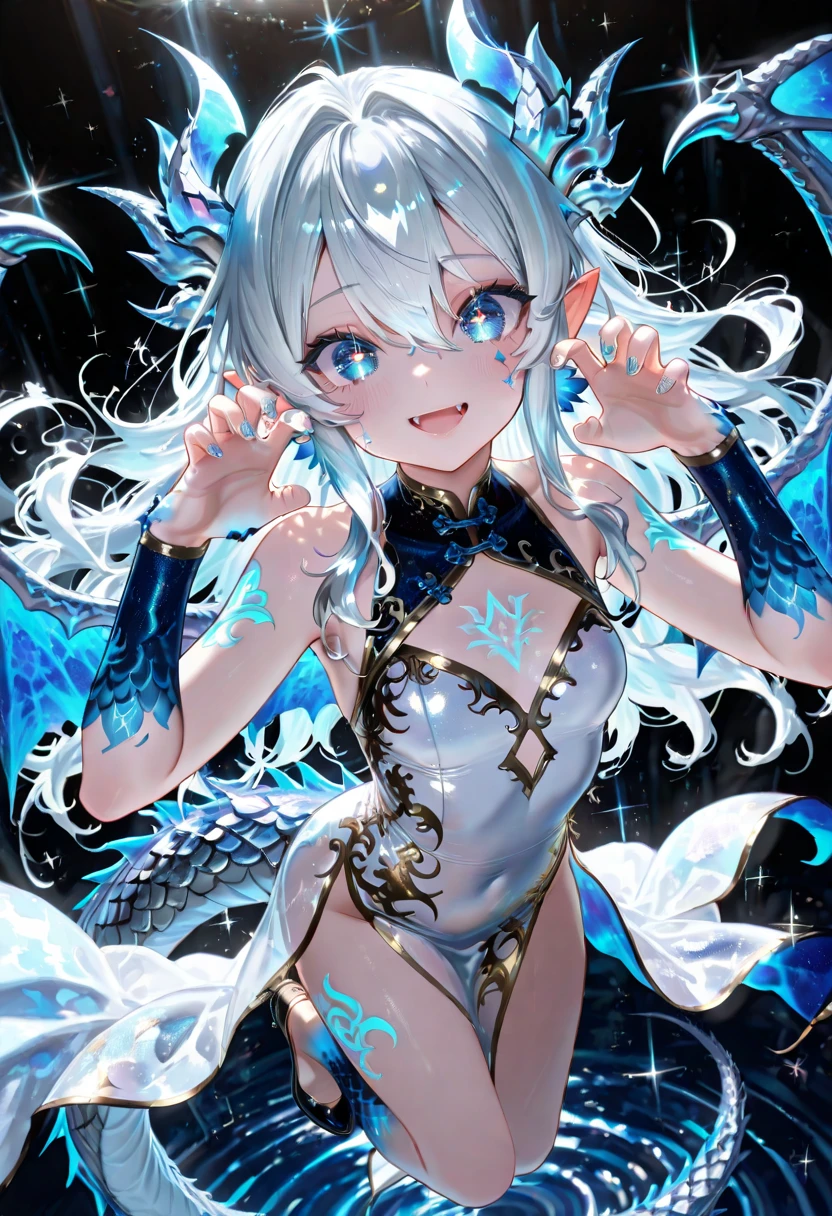 aqua goddess {amphibia|fish|shark|reptile} girl, 1girl, perfect and well designed glowing shiny eyes, (beautiful detailed eyes:1.05), natural breasts, slim body, beautiful and delicate face, (face detail), ((realistic face)), pores, ((pale blue skin)), detailed skin, realistic skin, (((bioluminescence))), (((white-skinned))), ((shiny skin)), ((glowing speckles on skin)), (pointy ears), (fangs:1.5), (fins:1.7), (spikes:1.5), (multicolored gradation skin), ((((blue scales body)))), (villus on skin body:1.6), human face, ((monster girl)), medium length hair, hair voluminous, (((((multicolored gradation hair))))), super high resolution, 8k, parameters Best quality, (masterpiece:1.4), (magic accessories:1.4), bracelets, extremely detailed thick tight ({nylon|lycra}, {latex|vynil}:1.5) colorful (green, purple:1.6) ornate (microdress, ({bodydress|swimsuit}:1.2), (microskirt:1.2), (kimono:1.1)), (standing nipples under cloth:1.2), (cameltoe:1.5), (ornaments on clothing), (neckline:1.3), (cleavage), decolette, navel, Young Girl, Little Beast, (Smile:0.7), (pale Blue Skin:1.8), ((tattoos all over body, Tribal tattoos all over legs)), ultra detailed, photorealistic, ((Real image)), (best quality:1.4), super high resolution, (Realistic 2.0), More details, (((1girl))), (on beach), (sunlight, sun day:1.3), (beautiful and aesthetic:1.2), (fractal art:1.4), (cinematic light:1.1), DUTCH ANGLE, 16K, HDR, RTX, Ray Tracing, Radiosity, Anisotropic Filtering, Subsurface Scattering, (((magic lights))), metallic reflections, Detailed, Realistic, 4k highly detailed digital art, (cool_color), extremely detailed CG unity 8k wallpaper, vibrant colors, (((seductive pose)))