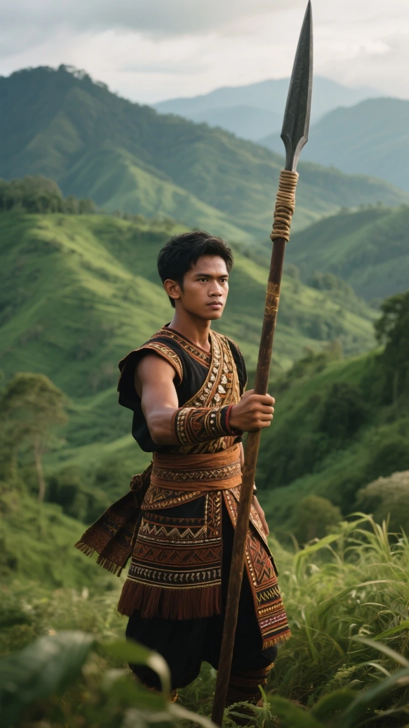 ((best quality)), ((masterpiece)), (detailed), Rian (teenager) (masculine) , a newcomer to the village, decided to enter the forest to gather firewood, ignoring the warnings (use outfit sundanese culture)