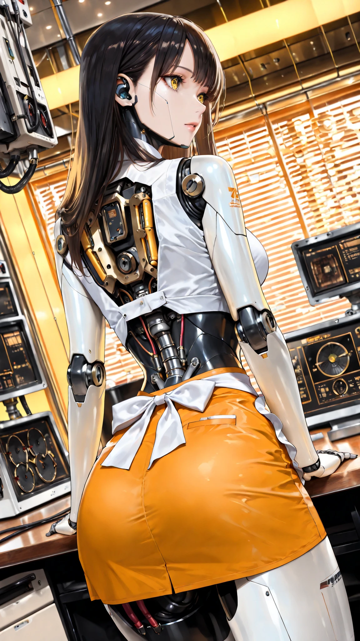 cyborg, android, robot, modular synth, wiring, switch, control panel, girl, cute, sexy, laughing, slender, bikini, high leg, silver, platinum, gold, bronze, red, blue, green, turn knob, with wiring