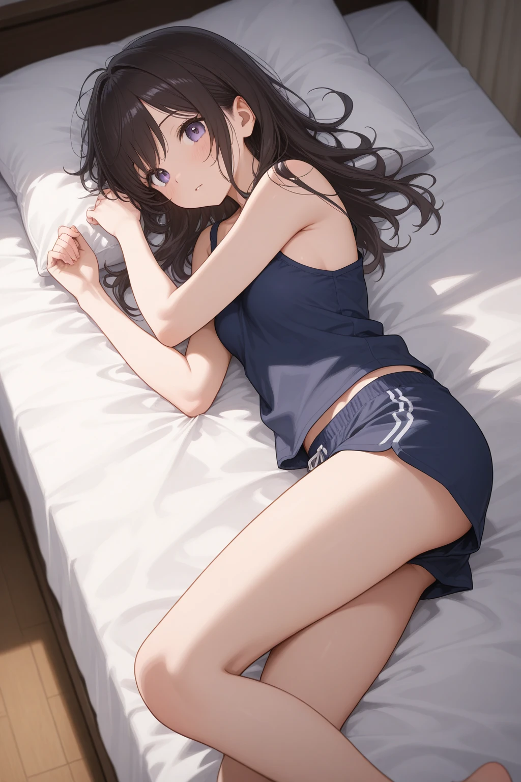 (masterpiece, best quality:1.5), (ultra detailed, high resolution, 8k, beautiful detailed, UHD, best anatomy), black hair, very flat breasts, 1 girl like a man, Sports Bra, Culottes, barefoot, bed room, night