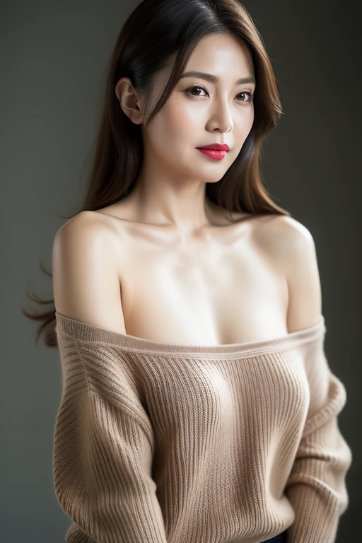 Best Quality, masutepiece, 超A high resolution, (Photorealistic:1.4), Raw photo, Professional Lighting, high-level image quality, high-detail, masterpiece、a 25 year old girl、Sexy knitted sweaters、Beautiful breasts、Beautiful butt、toned waist、Wet eyes、Staring at the viewer、beautiful countenance、sexy pose