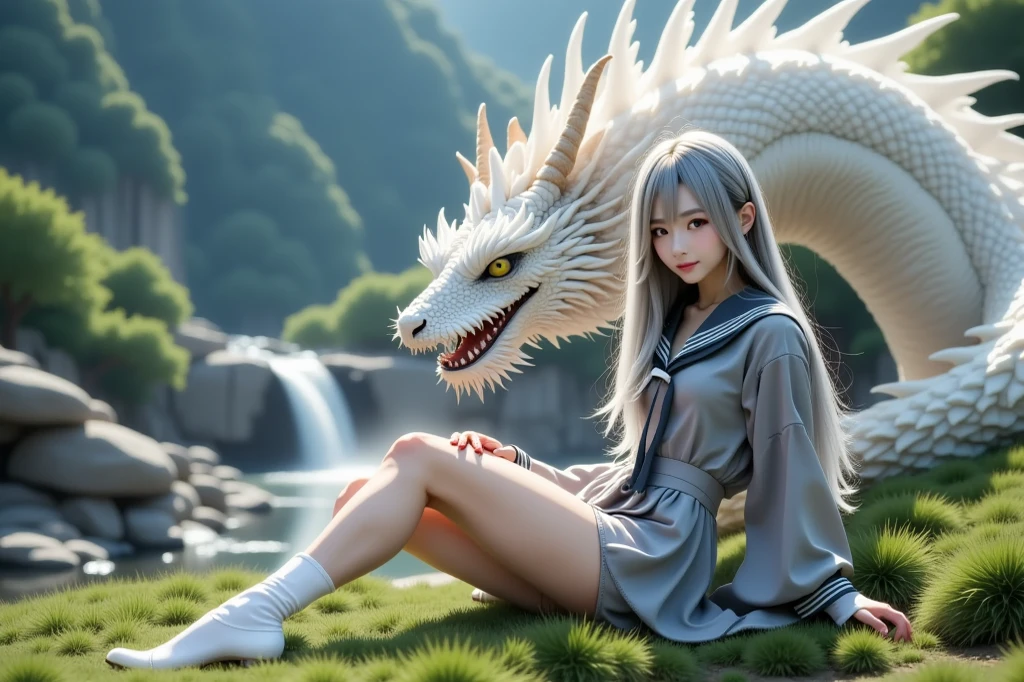 White dragon，a black pleated skirt，bit girl，