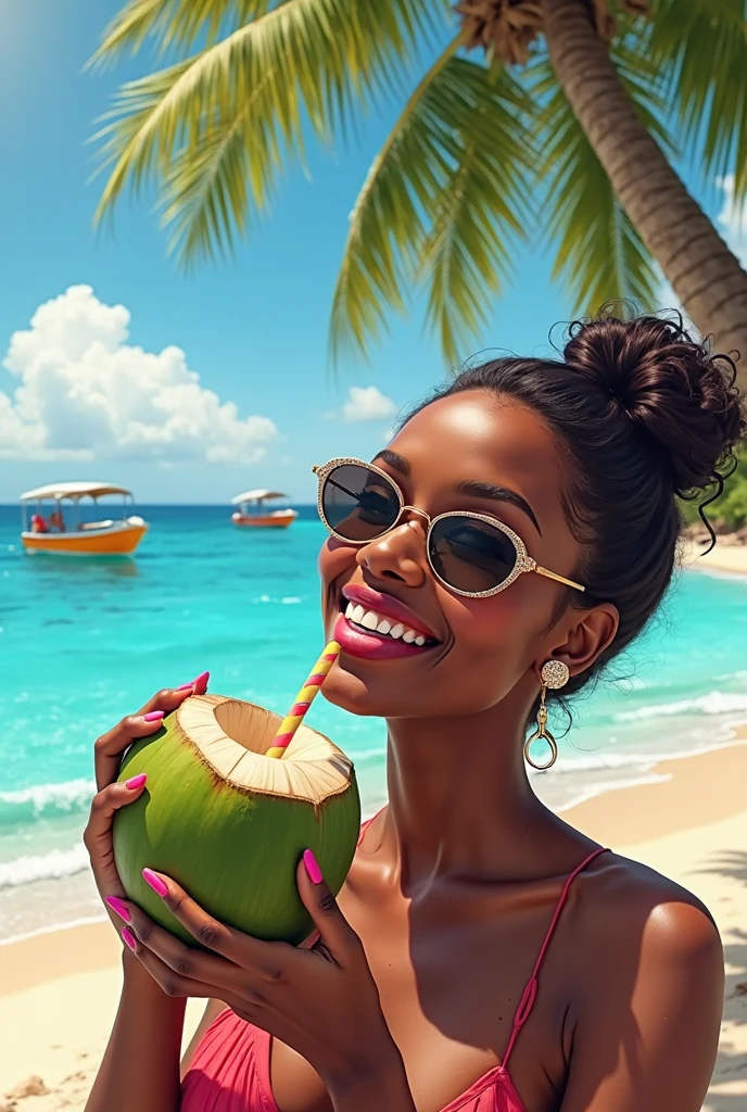 Beautiful Angolan woman、Facing forward、Staring straight ahead、Ecstatic expression、With an erotic look、1 peeled banana、Eating erotically with open mouth。In the background are famous Angolan tourist sites。9:In 16 sizes。With masterpieces of the highest quality。