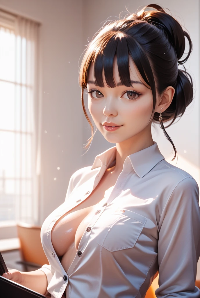 dark blue hair, (very short disheveled hair:1.3), (huge ahoge:1.3), raised eyebrows, sparkling eyes, (yellow eyes:1.2), evil smile, atmospheric perspective, anime style, cinematic lighting, glowing light, Wide-Angle, 8k, best quality, masterpiece, high details, high quality, slim and fit young girl, perfect medium breast, slim waist, blue micro skirt, bangs, white very thight on breast shirt, short sleeves, belt, eyelashes, (rectangular glasses without upper arm:1.2), Virtual Artistry, obra de arte