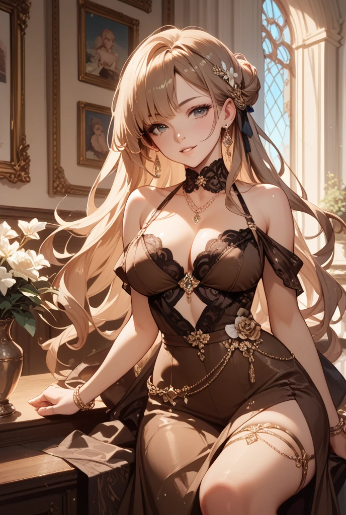 (masterpiece、top-quality、hight resolution), A wealthy, elegant married woman giving a seductive sidelong glance, but with a subtle expression of guilt. She is dressed in luxurious, high-quality clothing, standing in a beautifully decorated room. Her eyes are inviting yet hesitant, as if she knows she shouldn't be doing this but can't help herself. The lighting is soft and warm, highlighting her conflicted emotions. nsfw