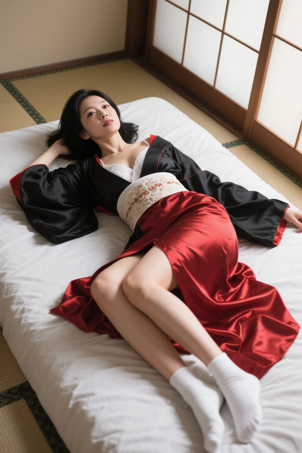 Black hair bob cut Red Japanese pattern kimono Ostrich Goddess