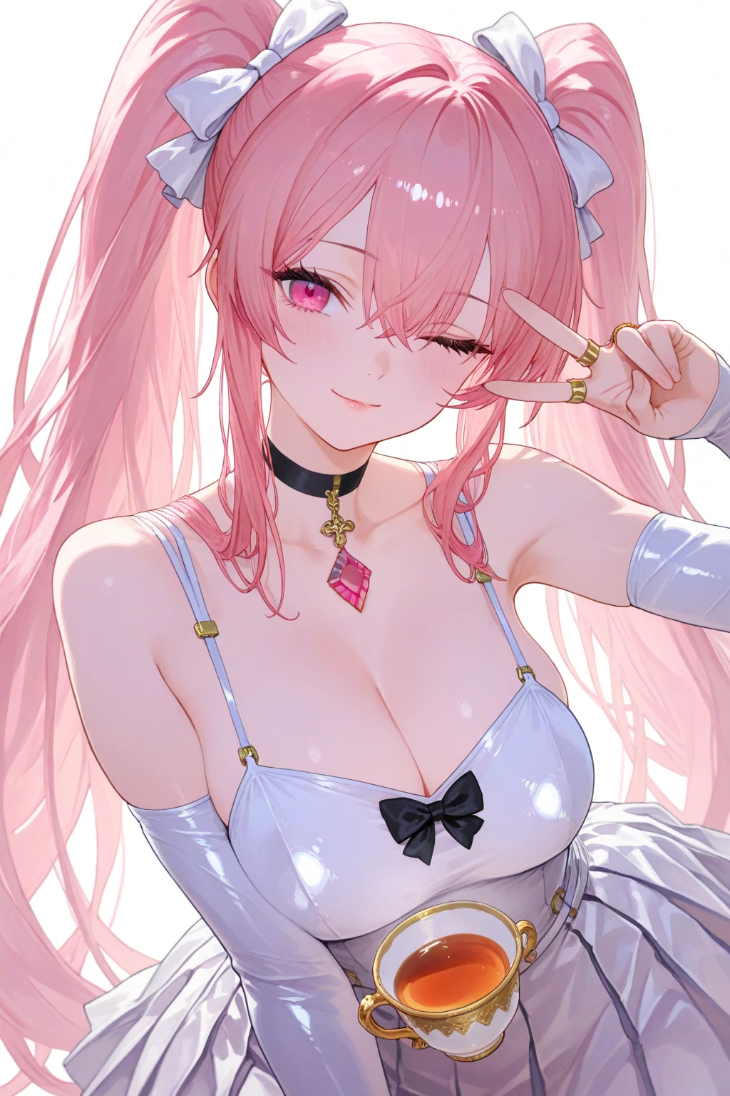 (((Collar with a leash)))、((Hands tied with ropes))、White liquid on the chest、Fluttering the chest、a beauty，black and white maid uniform，Hair covering one eye，White headband，good body，slick skin，borgar， NSFW, pink areolas, Exposed Briefs, Drenched All Body, (Ponytail at side), natta (A pink-haired), double ponytails, White see-through pants、Upper body close-up、Opening Mouth、put out the tongue、droolng、tears、