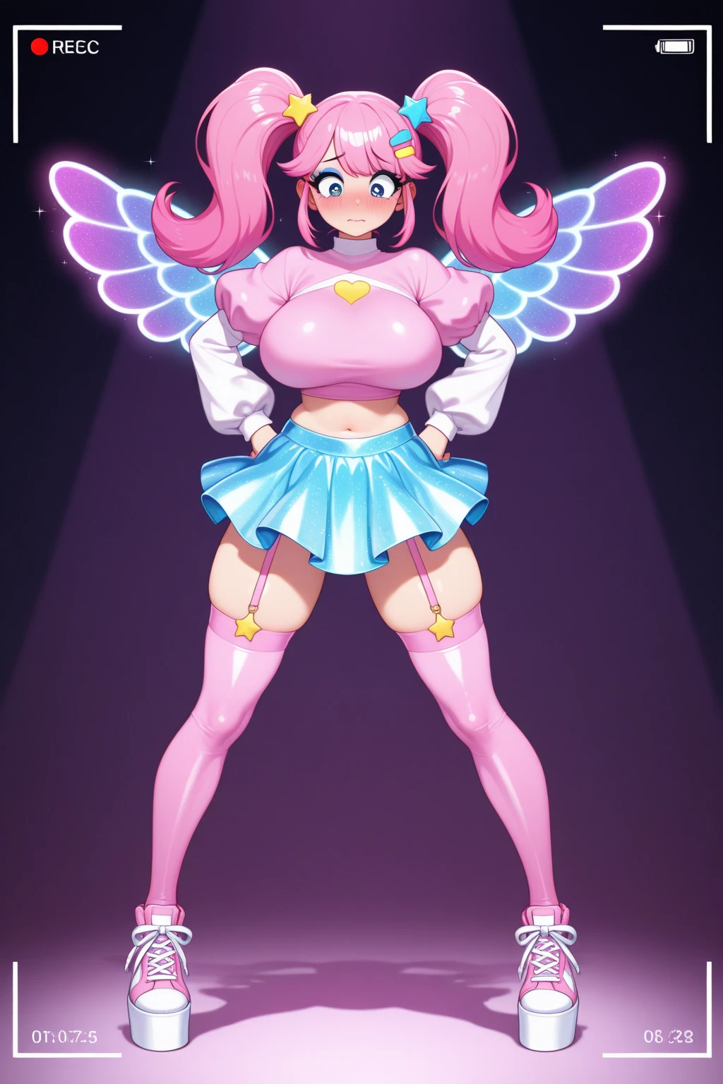 edgElegant, wearing edgElegant
(ultra 8k cg, picture-perfect face, perfect face, beautiful face, masterpiece, high quality, best quality, flawless, clean, professional artwork, famous artwork), (dark skin, dark-skinned female:1.3), gyaru, waruochi, BREAK 1girl, hair ornamnet, pink hair, glowing eyes, shiny skin, (underboob), navel, midriff, hands on waist, (epaulette:1.2), miniskirt, pleated skirt, (magical girl uniform:1.2), black clothes, detached sleeve, transparent clothes, skirt, latex, corruption, (epaulettes:1.2), military cap, grin, smirk, extremely thick lips, extremely long eyelashes, (huge breasts), (chubby, plump), big belly, (pussy juice), (from below:1.3), earrings, jewelry, golden, ruined background, night sky, dust