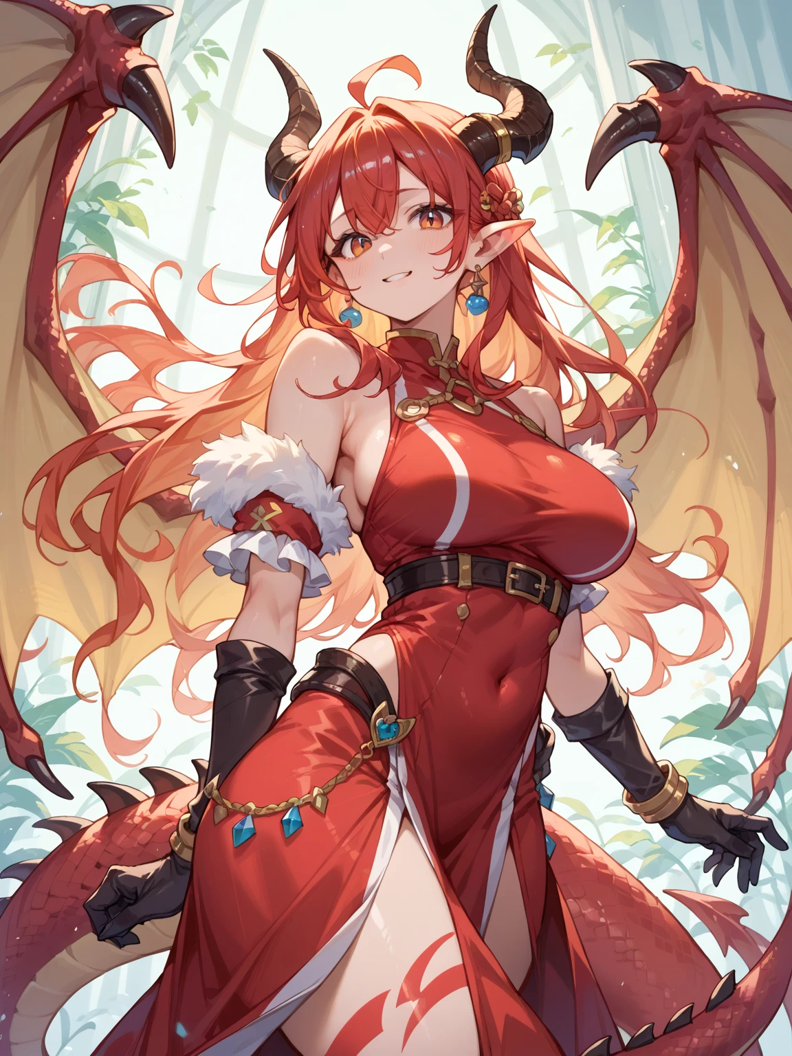 Young woman between 20 years old, long red hair orange eyes, simple clothing, dragon ear, dragon horn, big breast, dragon eyes, dragon skin