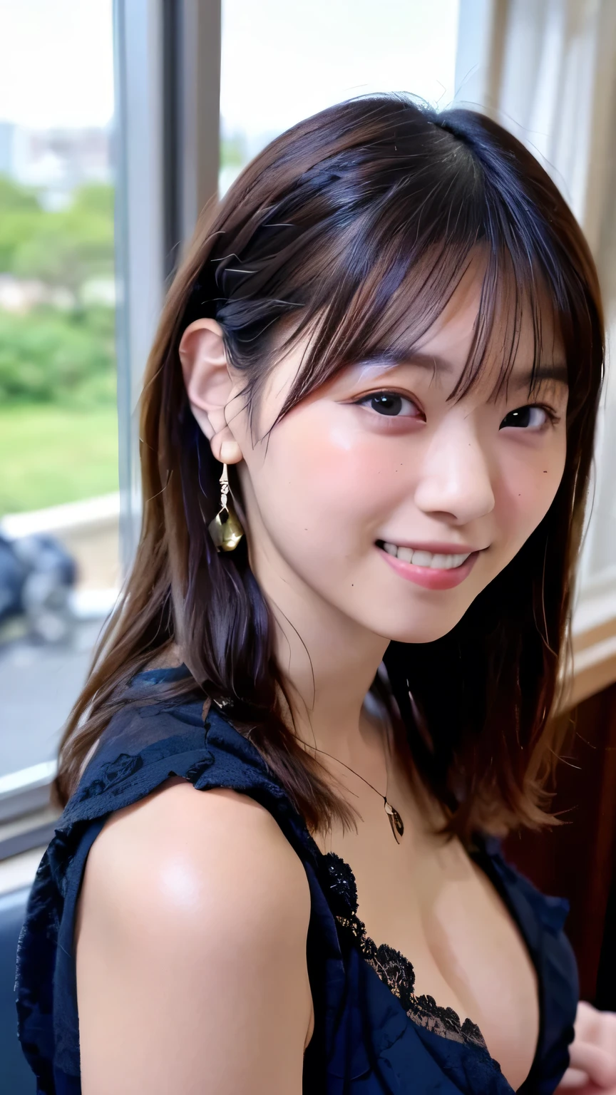 masutepiece, Best Quality, One girl, (Beautiful Girl:1.3), (20 years old:1.2), Very fine eye definition, (Symmetrical eyes:1.3), NSFW, (high detail mini dress、choker with lock:1.3), Beautiful breasts, Brown eyes, Parted bangs, Brown hair, Upper teeth、Background outdoor、Smile hairstyle short cut