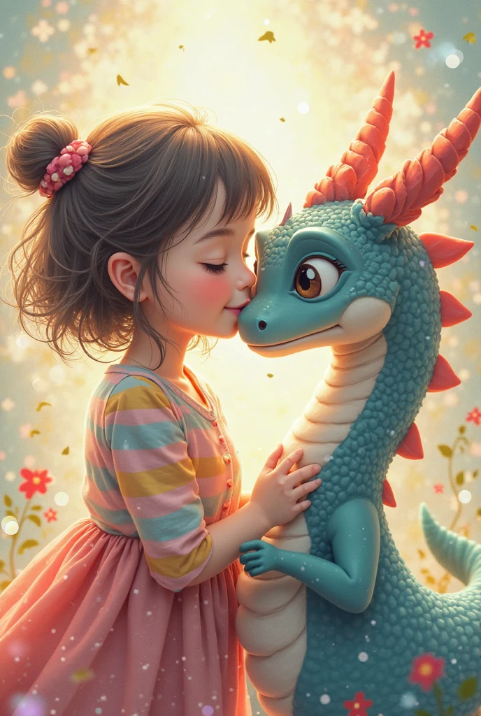 Impasto painting of a Hyperdetailed, dreamlike, grunge, fantasy, dynamic poster, inspired by [Brian M Viveros, Esao Andrews, Luis Royo], close-up portrait of a striking child ((hugging a cute dragon)) highly textured, dreamy atmosphere, transparency, slight smile, elaborately decorated, dynamic pose, intricate designs, complex background bathed, sunset hues
