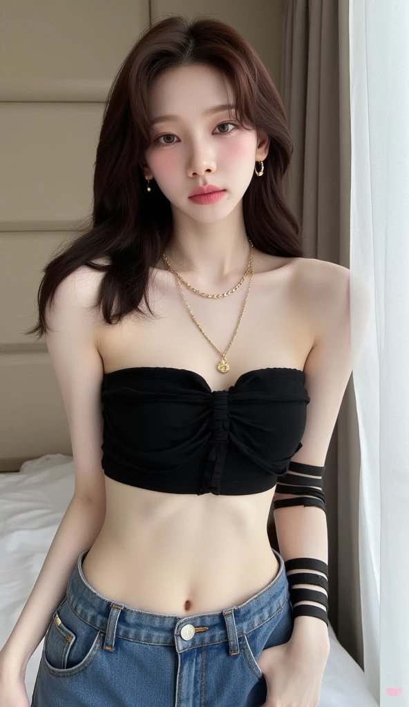 ((((8k))),((Extremely meticulous CG)) ,(wallpaper),16k,((Extremely refined and beautiful)),(((Masterpiece))),(((best qualtiy))),(((Ultra High Resolution))),beautiful light up,Perfect lightning,realistic shaded,(Smooth and flawless skin:1.5),(Extremely exquisite facial details:1.2),(perfect body:1.2),(ultra-detailed),((A beautiful girl,solo)),(small head:1.2),(pale skin:1.3),(medium straight hair:1.2),(small face:1.2),(baby face:1.3),(Exquisite makeup:1.2),(small breasts:1.2),(flat chest:1.3),((slim,thin)),(laughing:1.2),(gold earrings:1.3),(gold necklace:1.3),(strapless gorgeous black Thai bra:1.5),(indoor:1.3),(summer:1.3),(detailed background:1.5),(standing:1.3),(close-up of face:1.3),(from front:1.3),(day scene:1.5),(In a luxurious jewelry store:1.5),(bright and vivid colors:1.3),(The showcase is piled with jewelries:1.3),