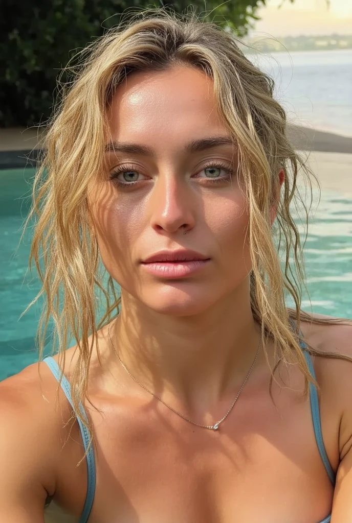 20 year old girl, cabello largo, cabello rubio, ojos cafes, cara redonda, busto grande, calidad 4K, piernas grandes, cintura chica, posando en el frente de un carro deportivo, posando a la camara