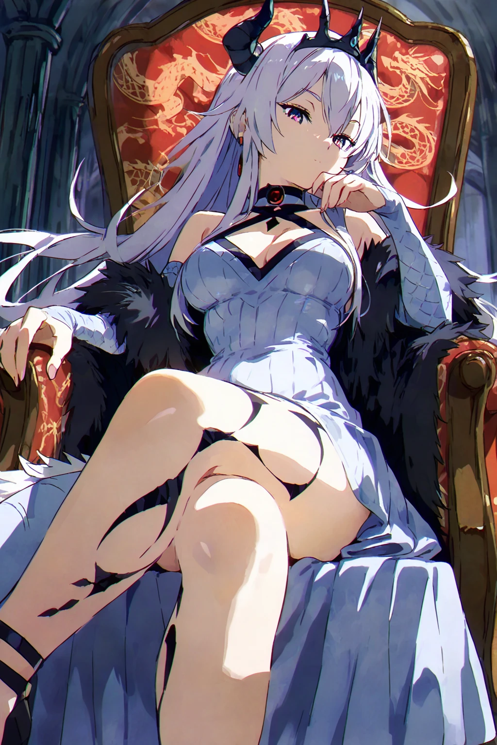 tarot cards：lift your heels, sit down，Showing the buttocks from the front, hold your knees, Sexy Lingerie, white coat, long hair, fishnet stockings, Sexual innuendo, M-shaped legs