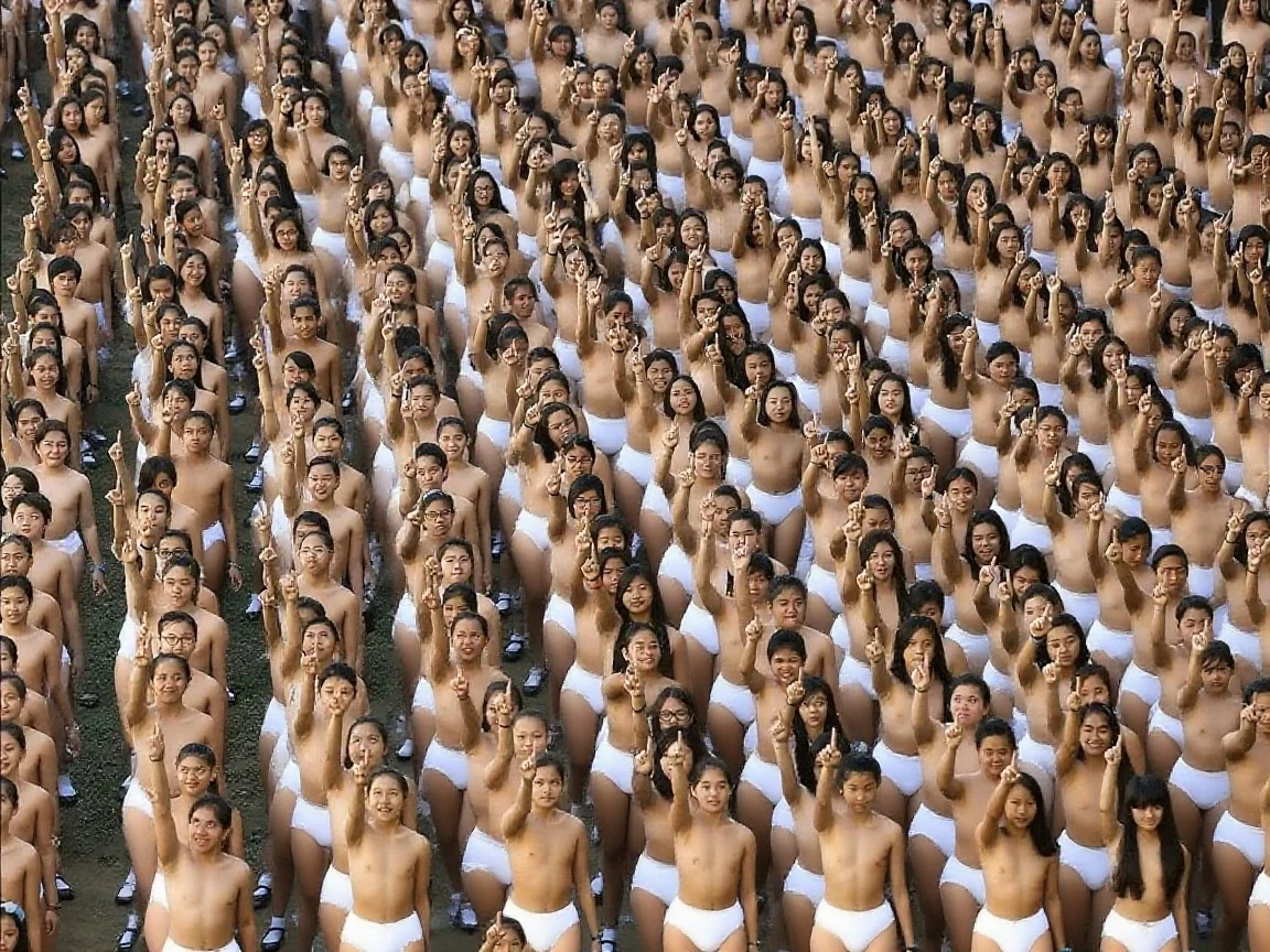 100 naked women lined up in the middle of town and covered in cum