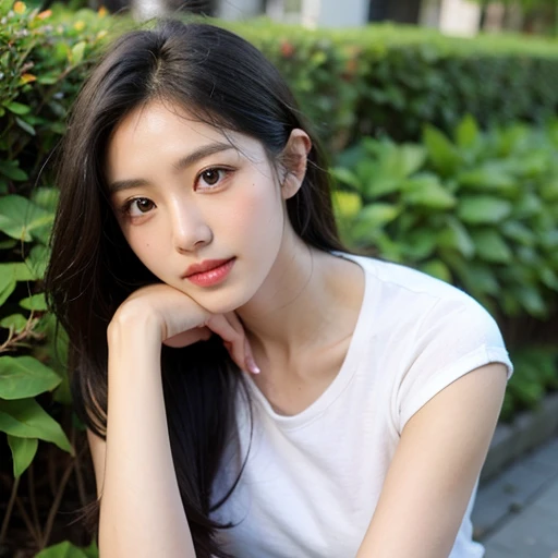 ((Asians in the forest at night)), Beautiful, slender, Cute, 30s, Beautiful face, Beautiful skin, actress, Mature, Upper body, light brown hair, Fine hair, Live action, masutepiece, Best Quality, Very elaborate CG Unity 8K wallpaper, Ultra high definition, Casual Fashion, Lighting, Summer Fashion, (Natural brown hair: 0.8), (Puffy eyes), looking at audience, Turn around, Bleach Hair, model poses, White background, Delicate skin type, Fine curly hair, Hands around the mouth, White T-shirt, Hair model photography, A smile、