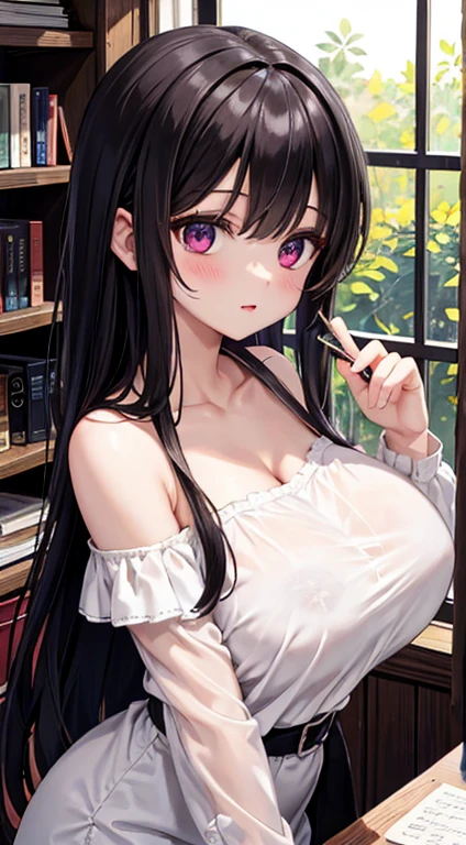 ((highest quality)),(ultra high resolution),(Super detailed),(detailed description),((best CG)),(best work of art),super precision art,great drawing art,(Art with precise details:1.5), Portrait:1.6,bust shot:1.4,(1 woman:1.5),beautiful and well-shaped face:1.5,(black lace bra with flowers on the chest:1.5)、 Japanese、girl,Slender、small face、brown eyes、tall、 highres,black hair、long hair、classroom、black lace bra、black skirt、17 years old、Sitting at a desk、Mature