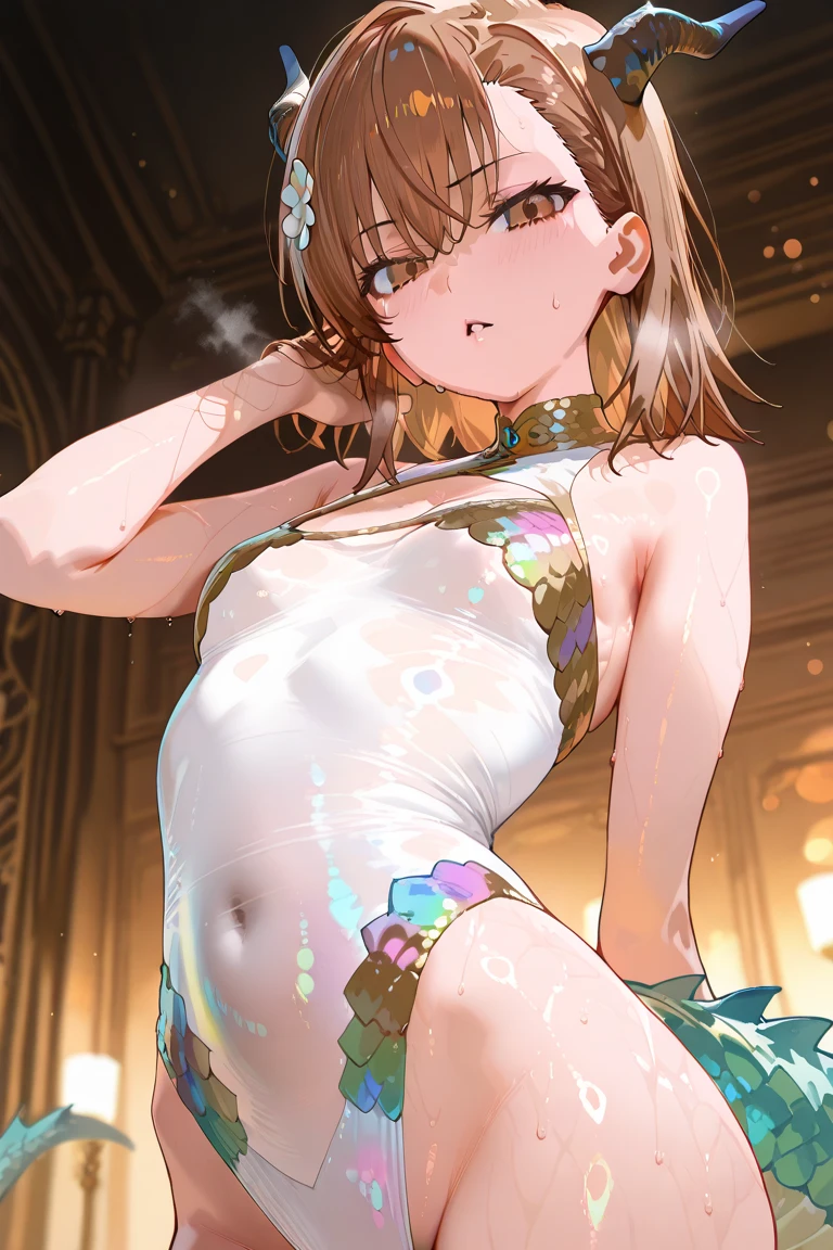 (from above:1.2),(from side:0.9),(A masterpiece of image quality in 8K),(Beautiful Allafed Woman),(((emphasizing breasts:1.1))),(Dynamic angles),(Dynamic and sexy bending pose:1.3),(sit a chair:1.1),(Short hair in shiny silver and orange inner colors,small full breasts,Disturbance of clothing due to movement,breast slip,(Ponytail twisted buns adorned with elaborate braids and beads,Braided Setup Fishbone Hair,),(see-through bangs),(perky chest:1.1), (pointed chest:1.3), small breasts、(((A white lace apron that shows your bare skin from under your small breasts)))、Blush with embarrassment、Enraptured eyes、A smile that beguiles the viewer、(Look back:1.7)、Look into the photographer,skin glistening with sweat,gazing at viewer,,(Professional Lighting),(8K,masutepiece,top-quality,Ultra-high resolution output image,),(Ultra HD with complex detail image modes),depth of fields,Beautiful hands,Beautiful fingers,Detailed finger features,(Detailed hair features:1.7),detailed facial features,detailed clothes features, (perky chest:1.1), (pointed chest:1.3), seductive weak smiling,(with sparkling eyes and a contagious smile),little open mouth,
