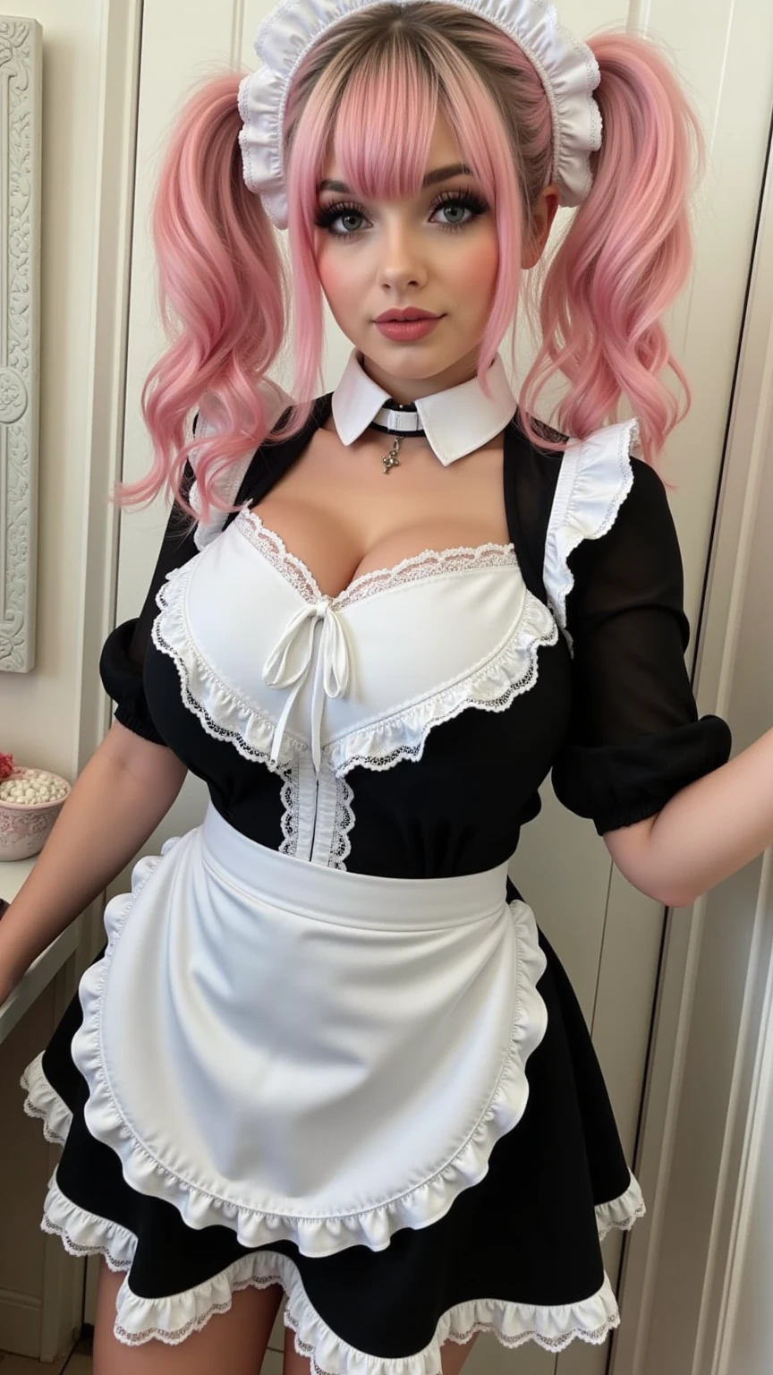 throw: ((((Super huge enormously gigantic , cleavage showing)))) , 1 girl, a girl with bat wings, holding a pastry brush, succubus, bakery, a cake on focus, cake with strawberrys and red roses, bat choker, necklace, centered, bat jewelry, medieval castle scenery, Pink bat Jewelry, smile, vampire fangs, (looking at viewer), Draculaura_MH, wavy hair, Alone, half black hair, half pink hair, multicolored hair, long hair, braided hair, gothic scenery, medieval style, maid dress, white apron, maid apron, maid headdress, white skirt, pink knee boots, smiling, in kitchen, kitchen, black lanterns, stand up close to window, depth of field, film composition, ((high quality)), ((artwork)), (More details), maid dress, black maid headdress, black maid apron, bat wings, white dress, black dress with transparency, pink laces, pink gloves, black high socks , boots of high hills, bat jewel, jewel, sit on the grass, dark red roses in focus, Draculaura_(school of monsters), school of monsters, Looking at the viewer, More details on the clothes,
