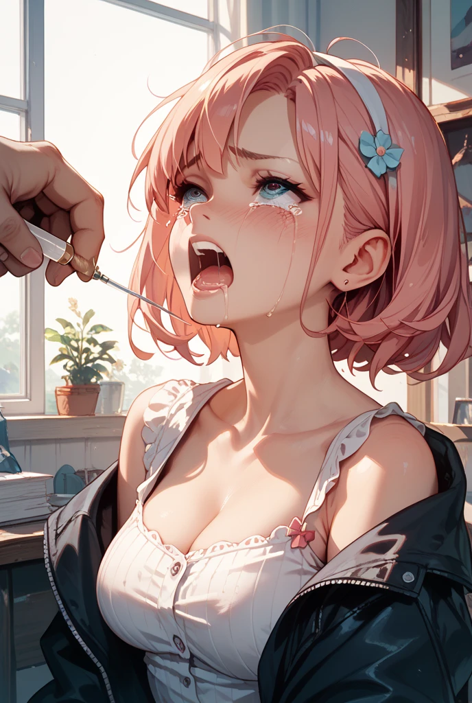 (NFSW:1.6))、(masterpiece), ((最high quality)), (masterpiece,最high quality,Official Art,Highly detailed CG Unity 8k wallpaper)、Beautiful Japanese Women、Face drawn in detail、Smooth Skin、(short pink hair:1.5)、Calm expression、high quality、Realistic、((Hollow Eyes:1.3))、A seductive smile、(Open your mouth and stick out your tongue:1.5)、(Looking up at the viewer:1.4)、(Saliva:1.9)、((Place one hand over your mouth))、Big Breasts
