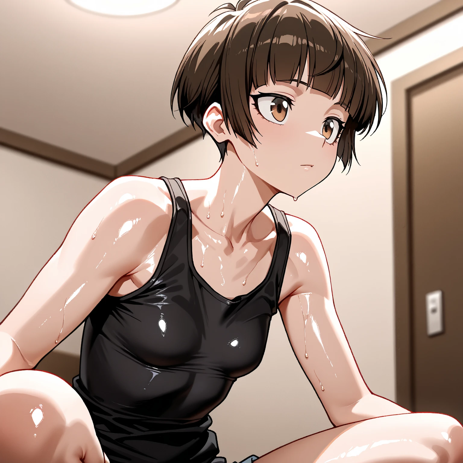 ((Face focus2.0)),,Inside the sports gym,inside the dance studio,((squatting)),One 16 years old girl,sweat,(dark skin color),short black hair,seductive smile,high-neck-leotard,((loose socks2.0)),((loose socks2.0)),sneaker.