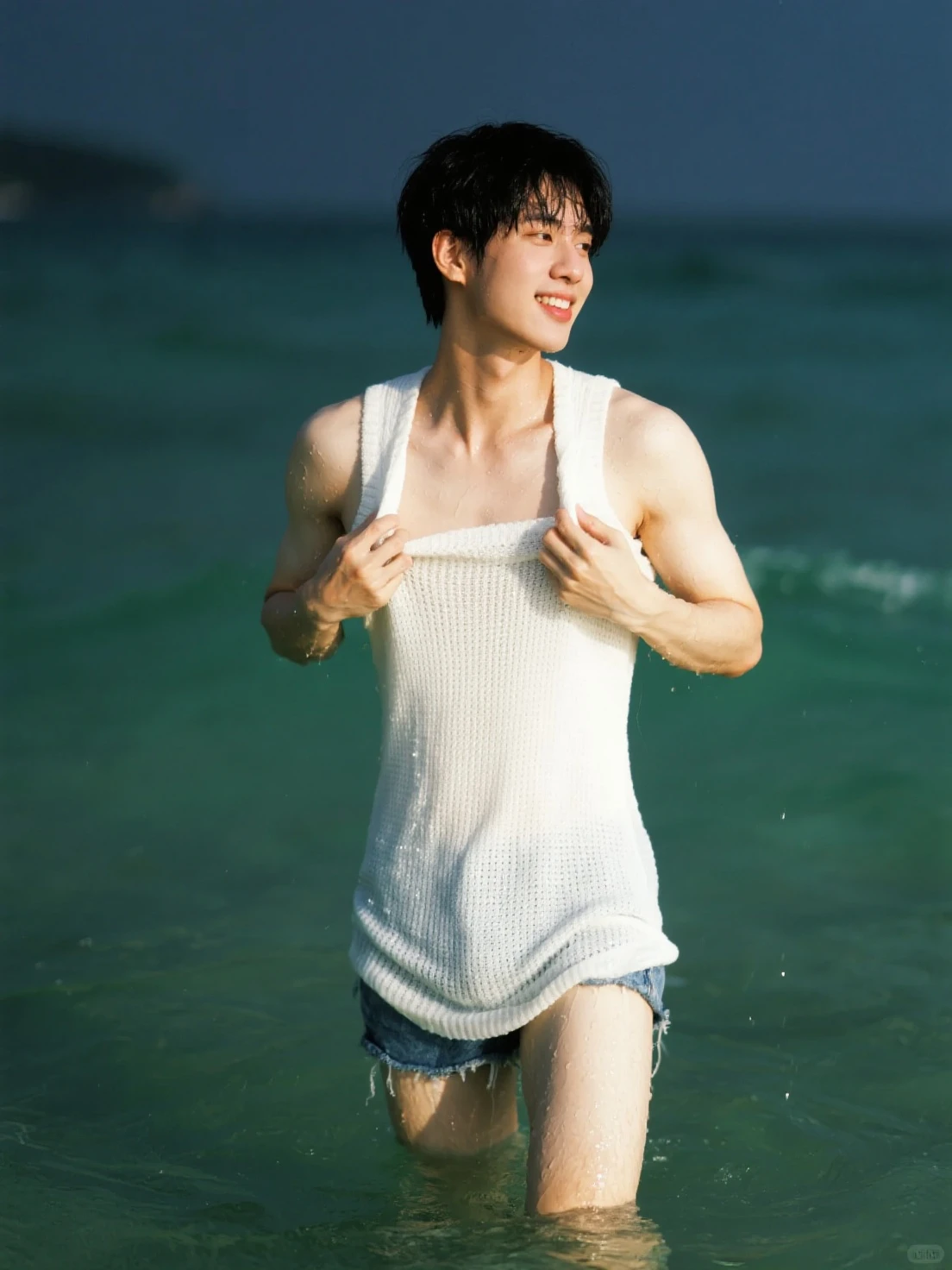 Korean male actor、Mare、Jumping、A delightful、sand beach