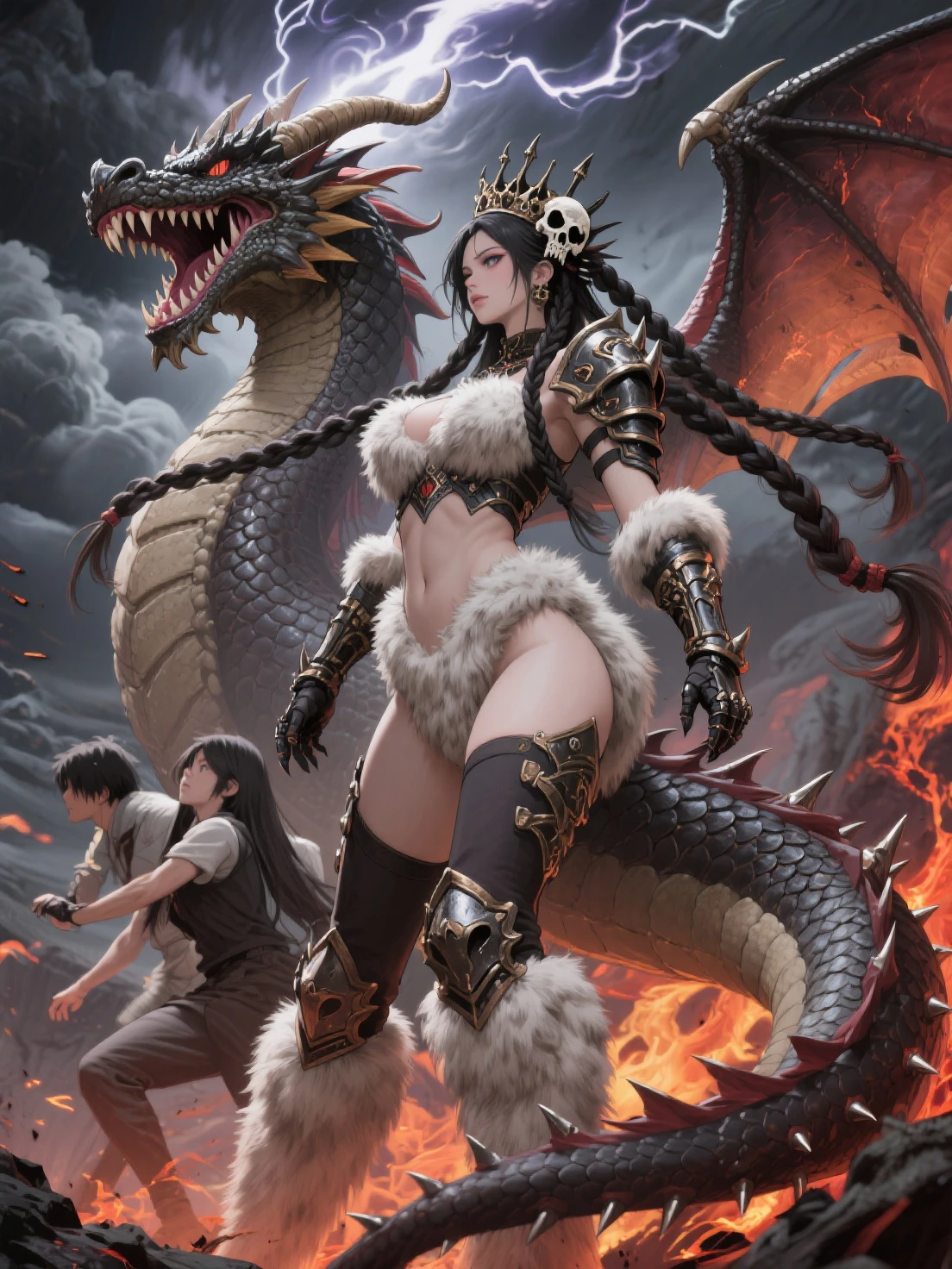 NSFW, obra-prima, melhor qualidade, ultra-detalhado, semi-realista, detailedfacialfeatures, 2 mulher madura, nome: Miao Miao,vestindo roupas antigas wuxia hanfu, cabelos vermelhos,longos,olhos negros, female,cor da roupa branca e sexy,voluptuosa,seios grandes,mulher sedutora, muito bonita,Malicioso,standing on her feet, Imposing and seductive with your pet ,A lion with a scorpion's tail.